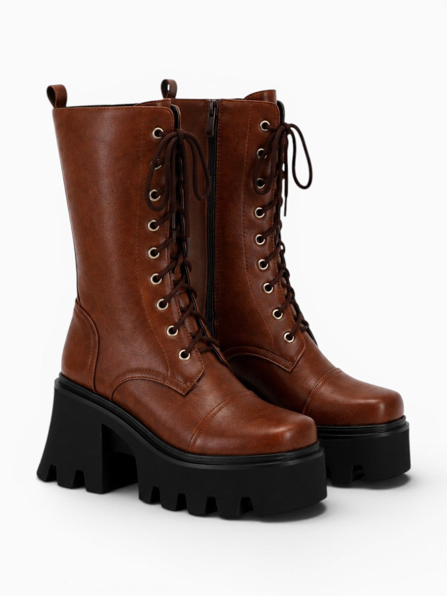 Amara Shoes Mid Calf Boot Square Toe Lace Up Inner Zip Platform