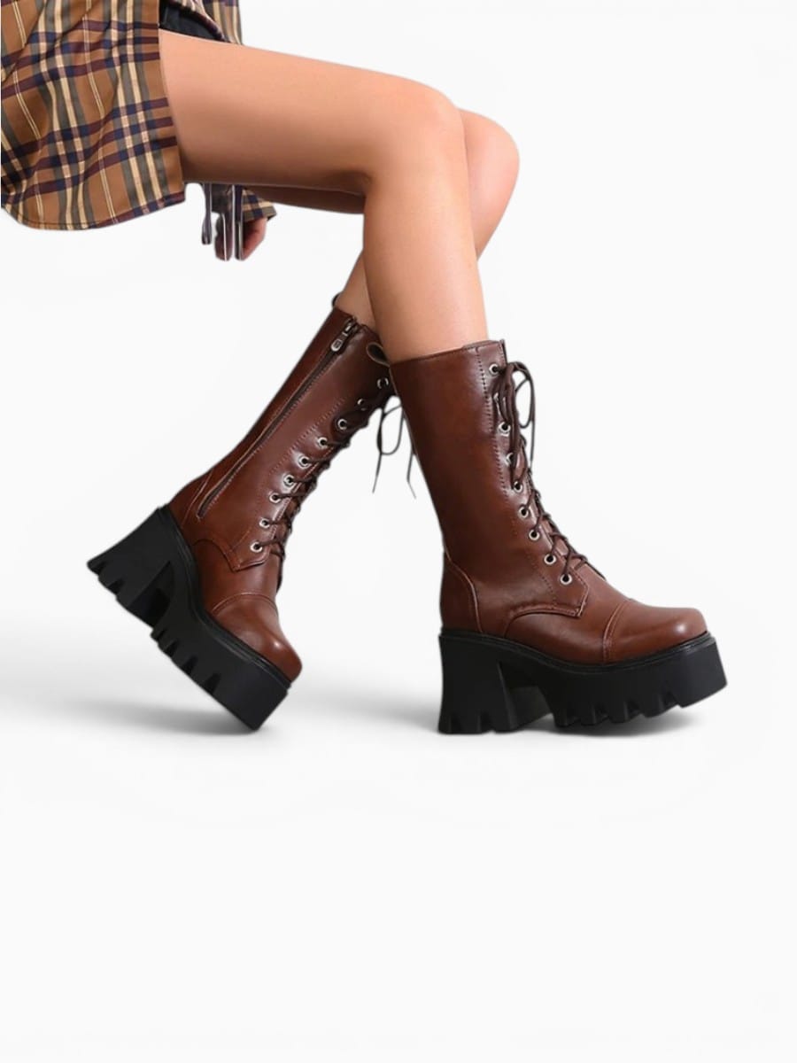 Amara Shoes Mid Calf Boot Square Toe Lace Up Inner Zip Platform