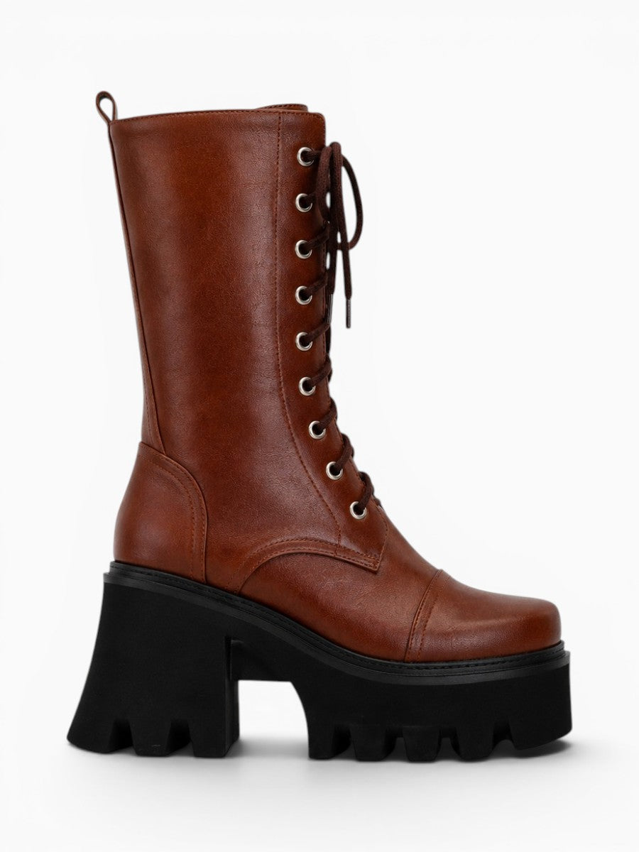 Amara Shoes Mid Calf Boot Square Toe Lace Up Inner Zip Platform