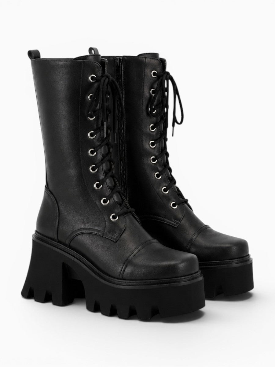 Amara Shoes Mid Calf Boot Square Toe Lace Up Inner Zip Platform