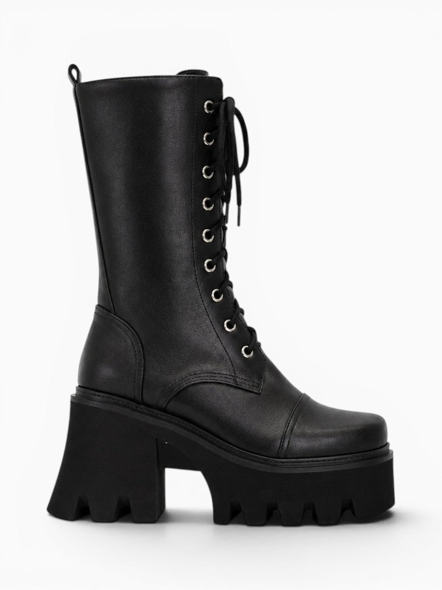 Amara Shoes Mid Calf Boot Square Toe Lace Up Inner Zip Platform
