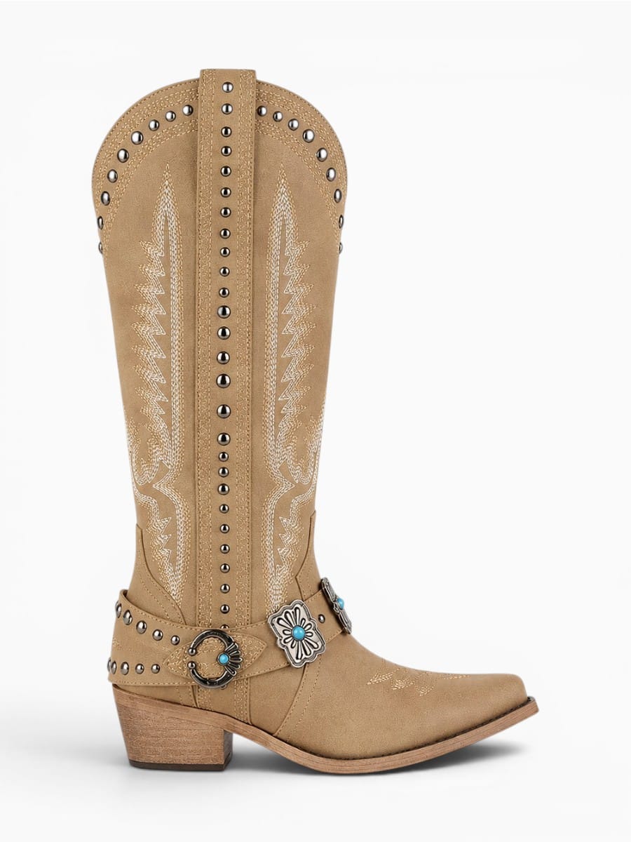 Amara Shoes Mid Calf Embroidered Western Pointed Toe Boots
