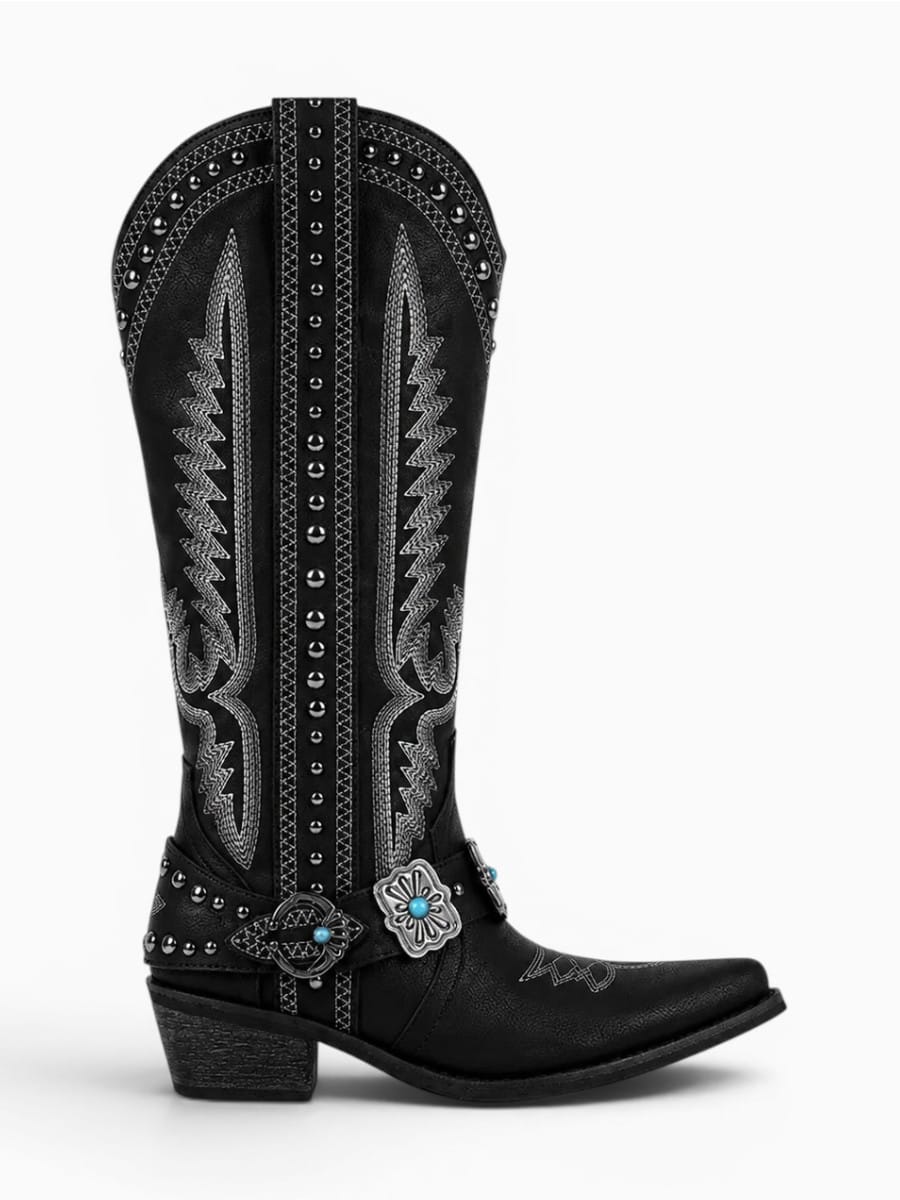 Amara Shoes Mid Calf Embroidered Western Pointed Toe Boots