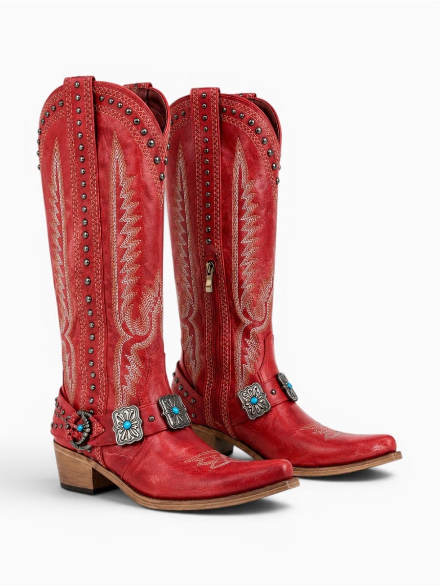 Amara Shoes Mid Calf Embroidered Western Pointed Toe Boots