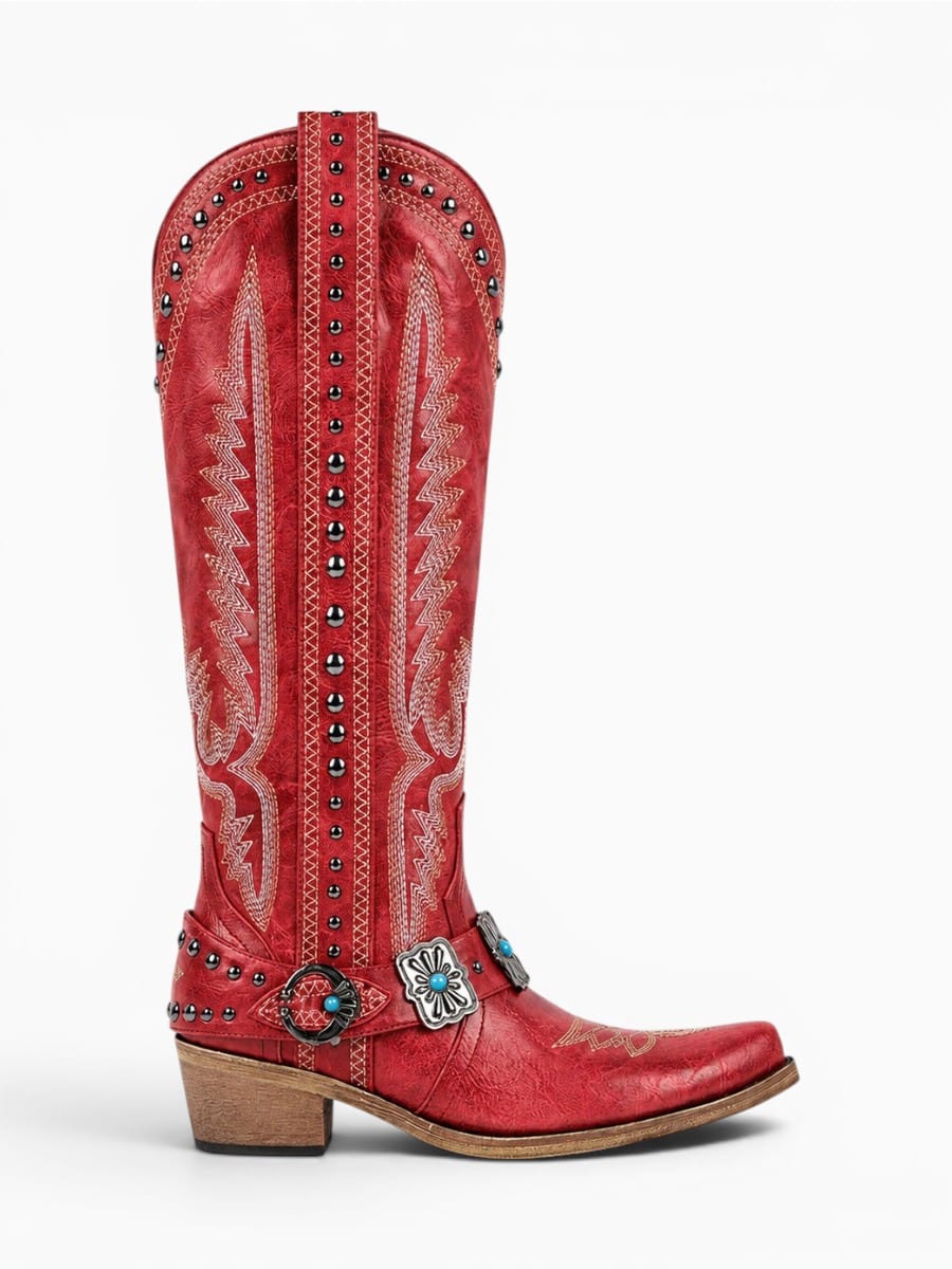 Amara Shoes Mid Calf Embroidered Western Pointed Toe Boots