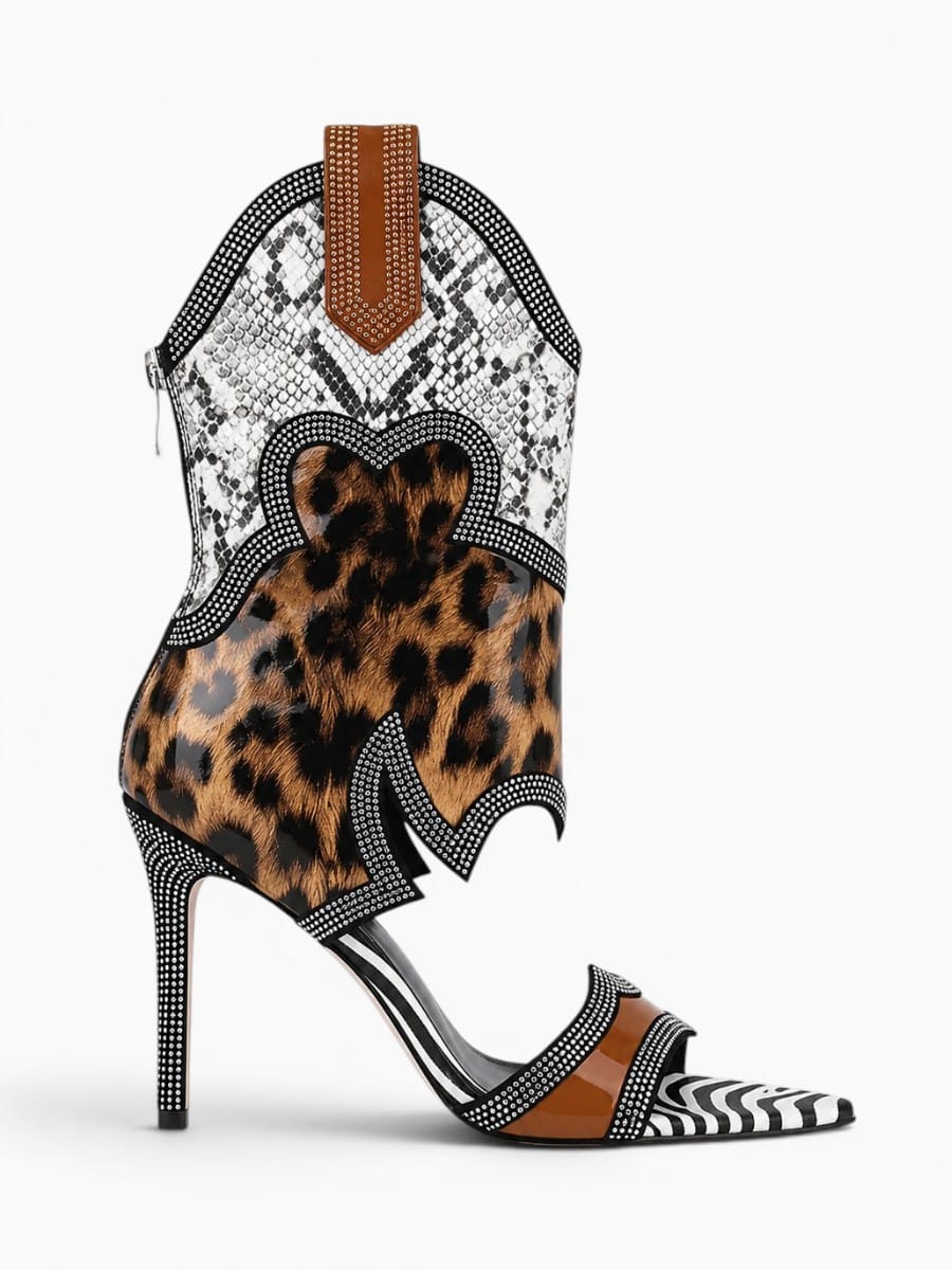 Amara Shoes Mid Calf Open Toe Cutout Stiletto Boots Rhinestone