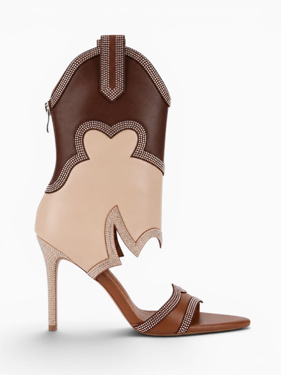 Amara Shoes Mid Calf Open Toe Cutout Stiletto Boots Rhinestone