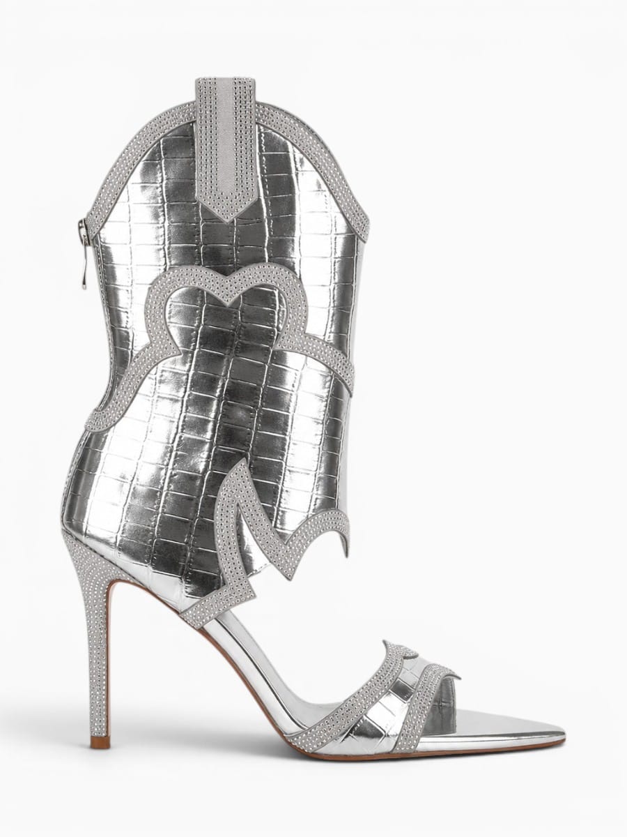 Amara Shoes Mid Calf Open Toe Cutout Stiletto Boots Rhinestone