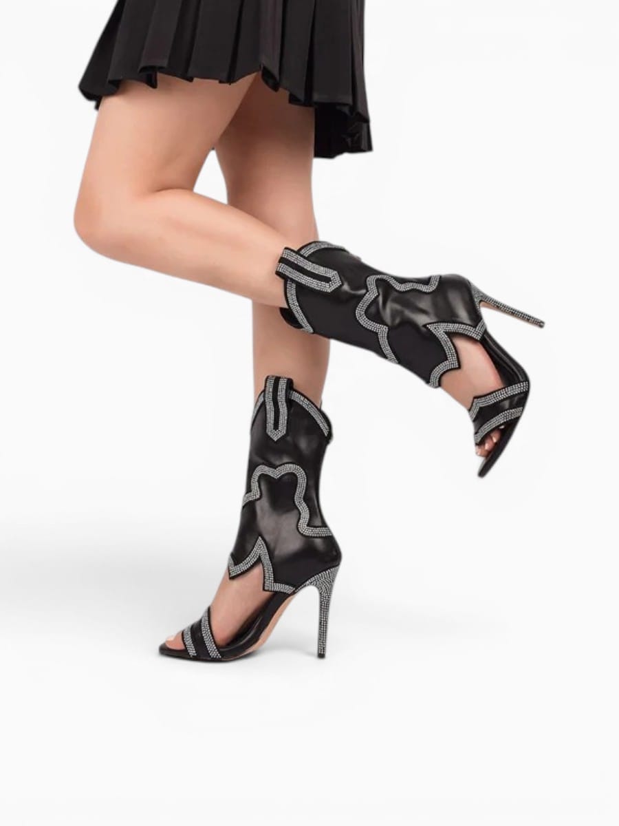 Amara Shoes Mid Calf Open Toe Cutout Stiletto Boots Rhinestone
