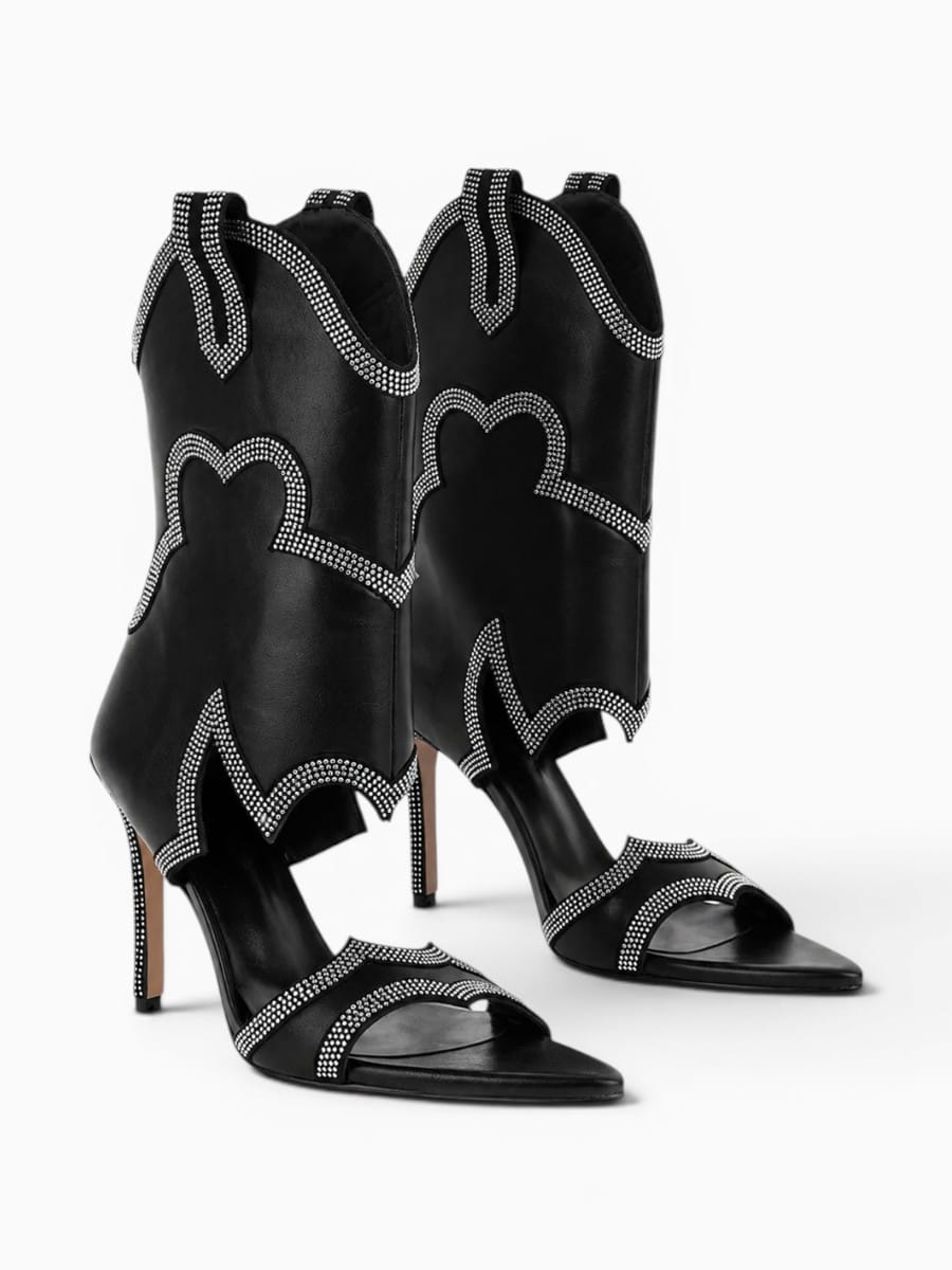 Amara Shoes Mid Calf Open Toe Cutout Stiletto Boots Rhinestone