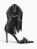 Amara Shoes Mid Calf Open Toe Cutout Stiletto Boots Rhinestone