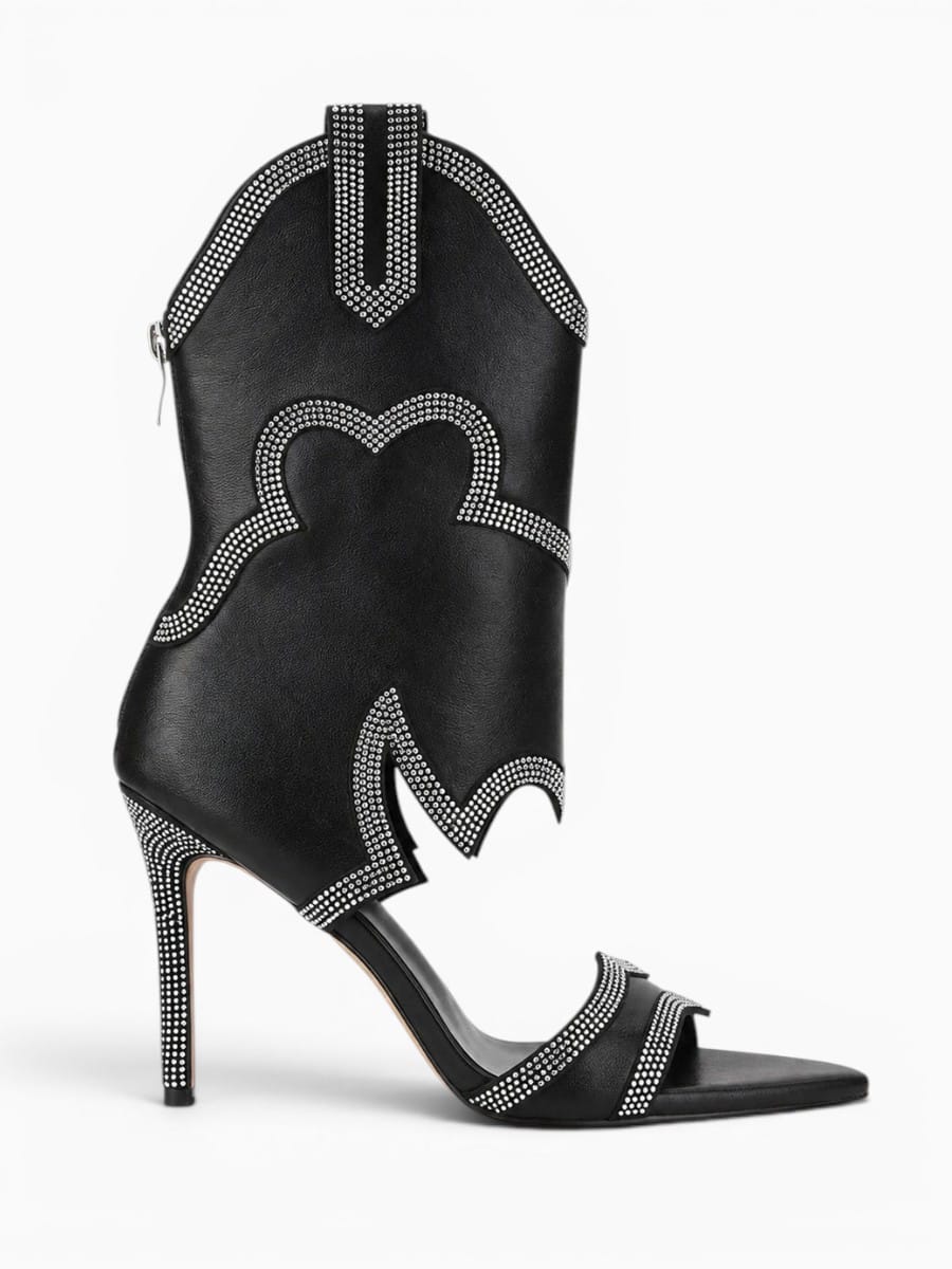 Amara Shoes Mid Calf Open Toe Cutout Stiletto Boots Rhinestone