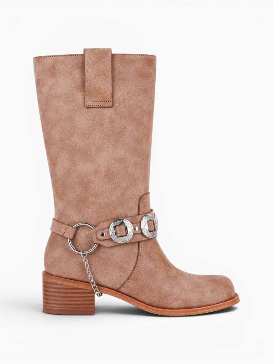 Amara Shoes Mid Calf Western Buckle Strap Block Heel Boots Women