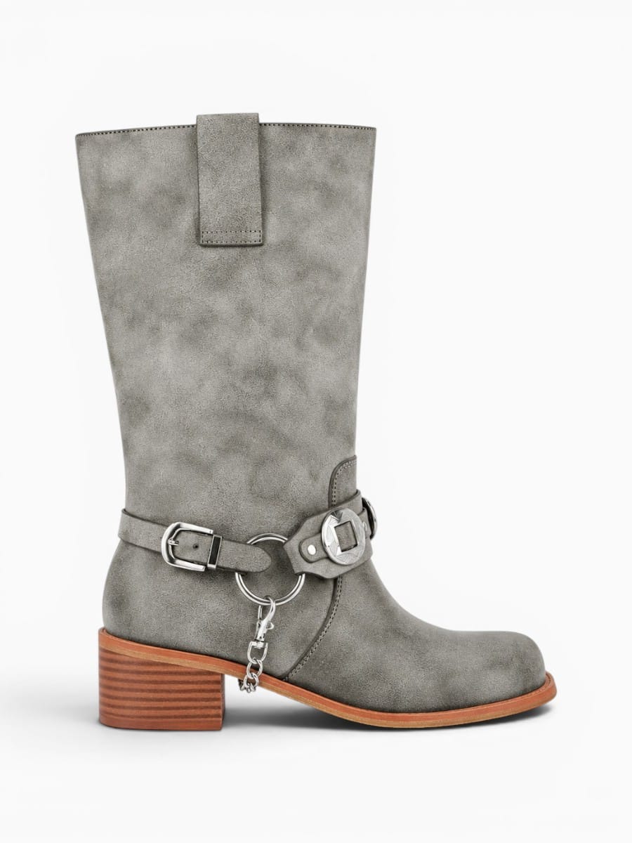 Amara Shoes Mid Calf Western Buckle Strap Block Heel Boots Women