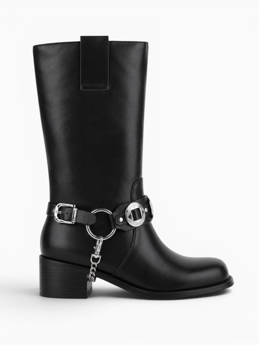 Amara Shoes Mid Calf Western Buckle Strap Block Heel Boots Women