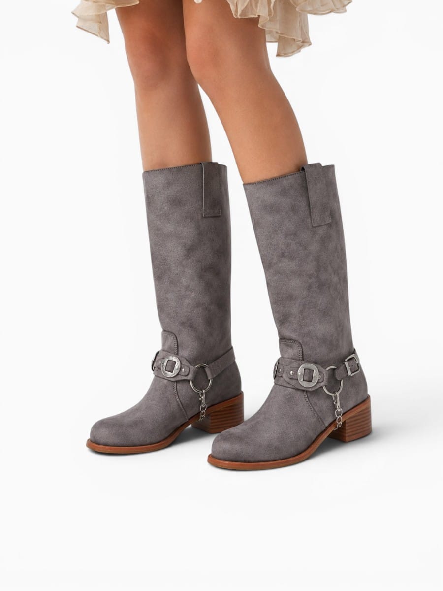 Amara Shoes Mid Calf Western Buckle Strap Block Heel Boots Women