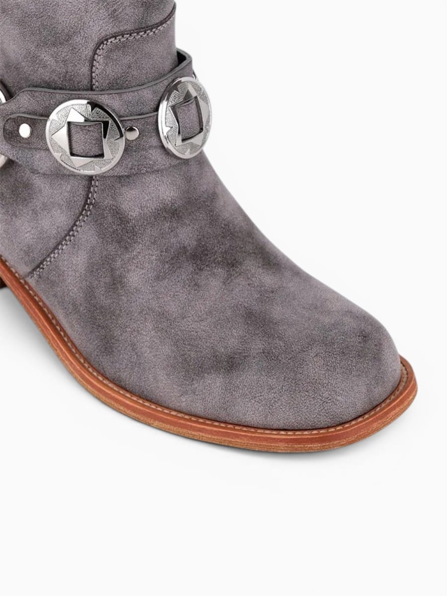 Amara Shoes Mid Calf Western Buckle Strap Block Heel Boots Women