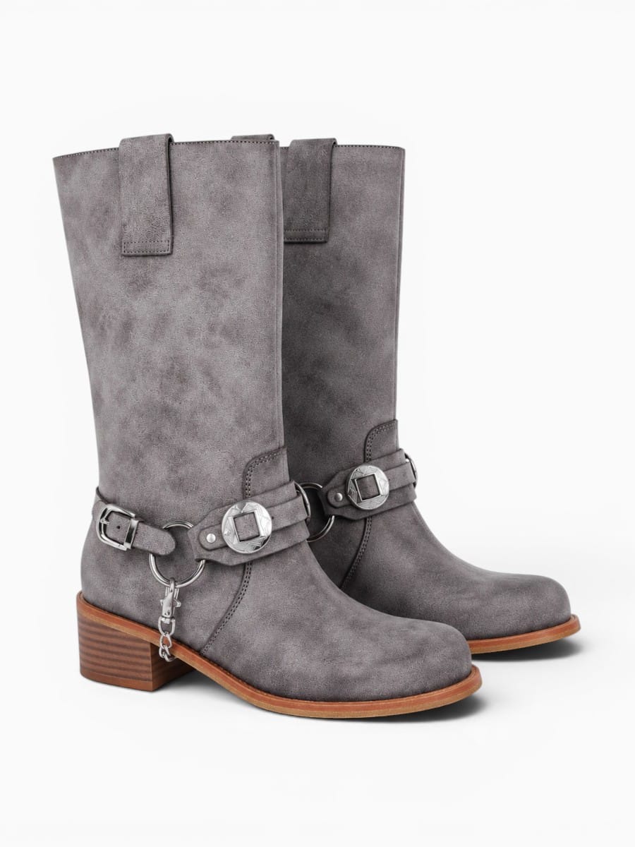 Amara Shoes Mid Calf Western Buckle Strap Block Heel Boots Women