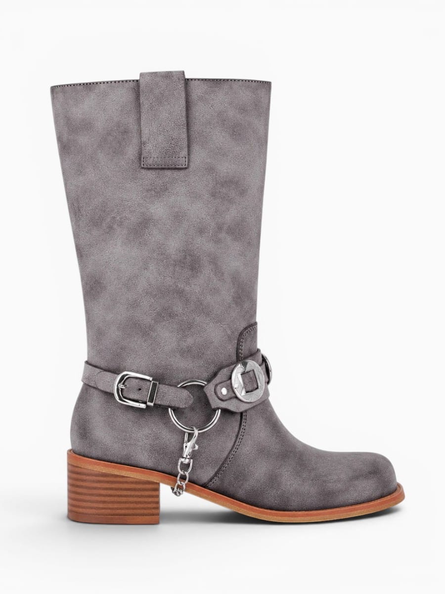 Amara Shoes Mid Calf Western Buckle Strap Block Heel Boots Women