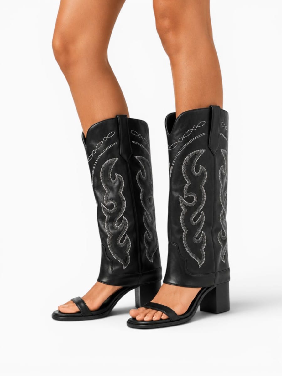 Amara Shoes Open Toe Embroidery Mid Calf Heeled Boots