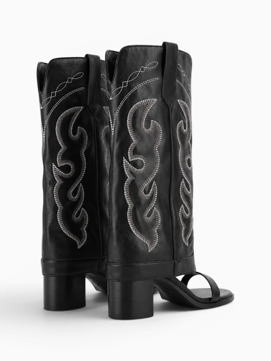Amara Shoes Open Toe Embroidery Mid Calf Heeled Boots