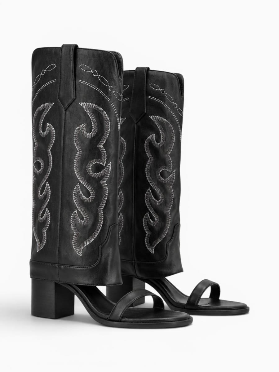 Amara Shoes Open Toe Embroidery Mid Calf Heeled Boots