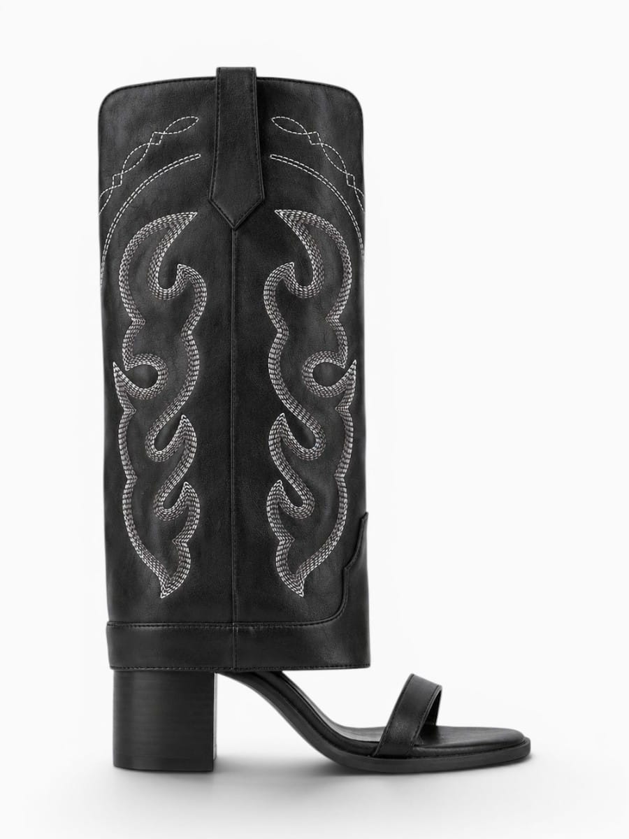 Amara Shoes Open Toe Embroidery Mid Calf Heeled Boots