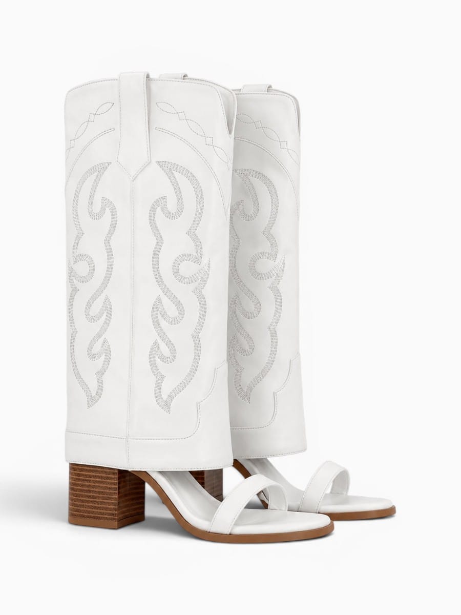 Amara Shoes Open Toe Embroidery Mid Calf Heeled Boots