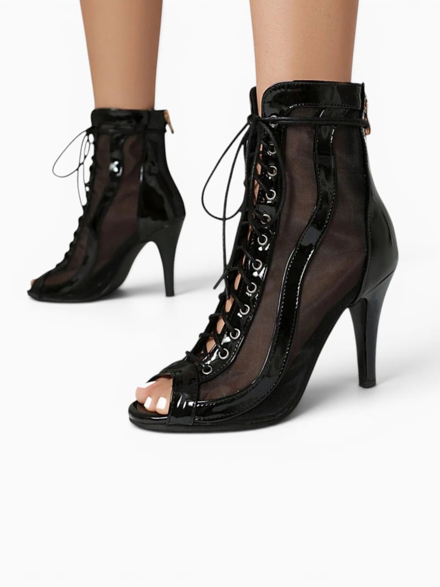 Amara Shoes Peep Toe Lace Up Heeled Boots