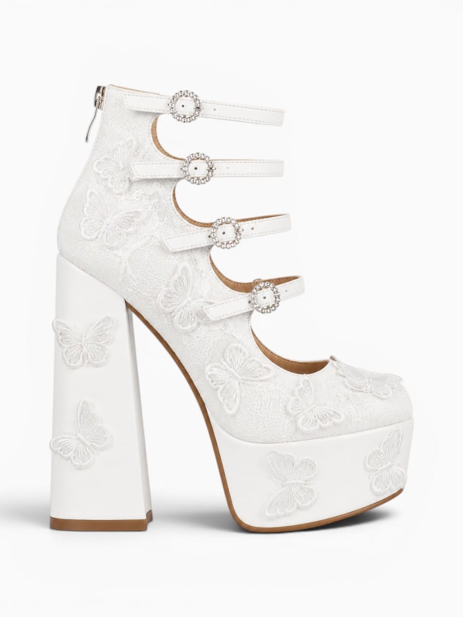 Amara Shoes Platform Butterfly Lace Multi Strap Block Heel Pumps