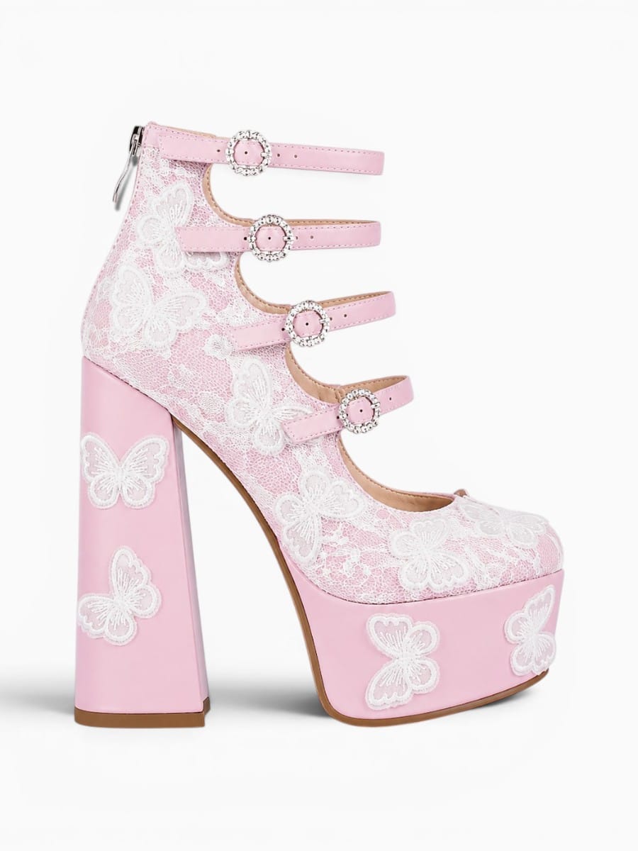 Amara Shoes Platform Butterfly Lace Multi Strap Block Heel Pumps