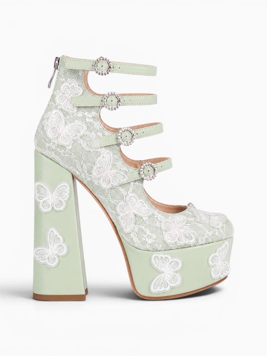 Amara Shoes Platform Butterfly Lace Multi Strap Block Heel Pumps
