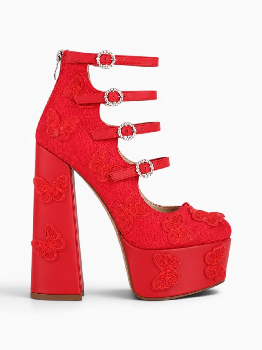 Amara Shoes Platform Butterfly Lace Multi Strap Block Heel Pumps