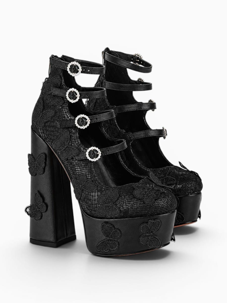 Amara Shoes Platform Butterfly Lace Multi Strap Block Heel Pumps