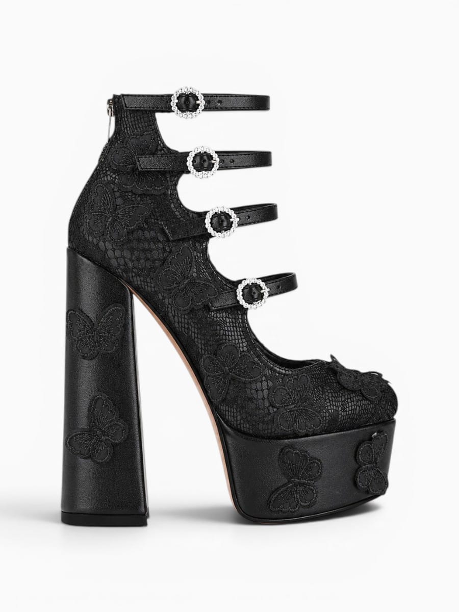 Amara Shoes Platform Butterfly Lace Multi Strap Block Heel Pumps