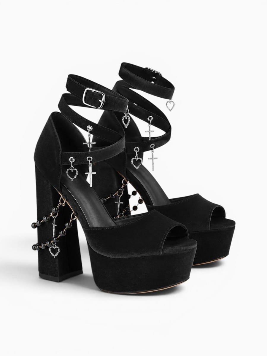 Amara Shoes Platform Peep Toe Ankle Strap Charm Block Heel Sandals