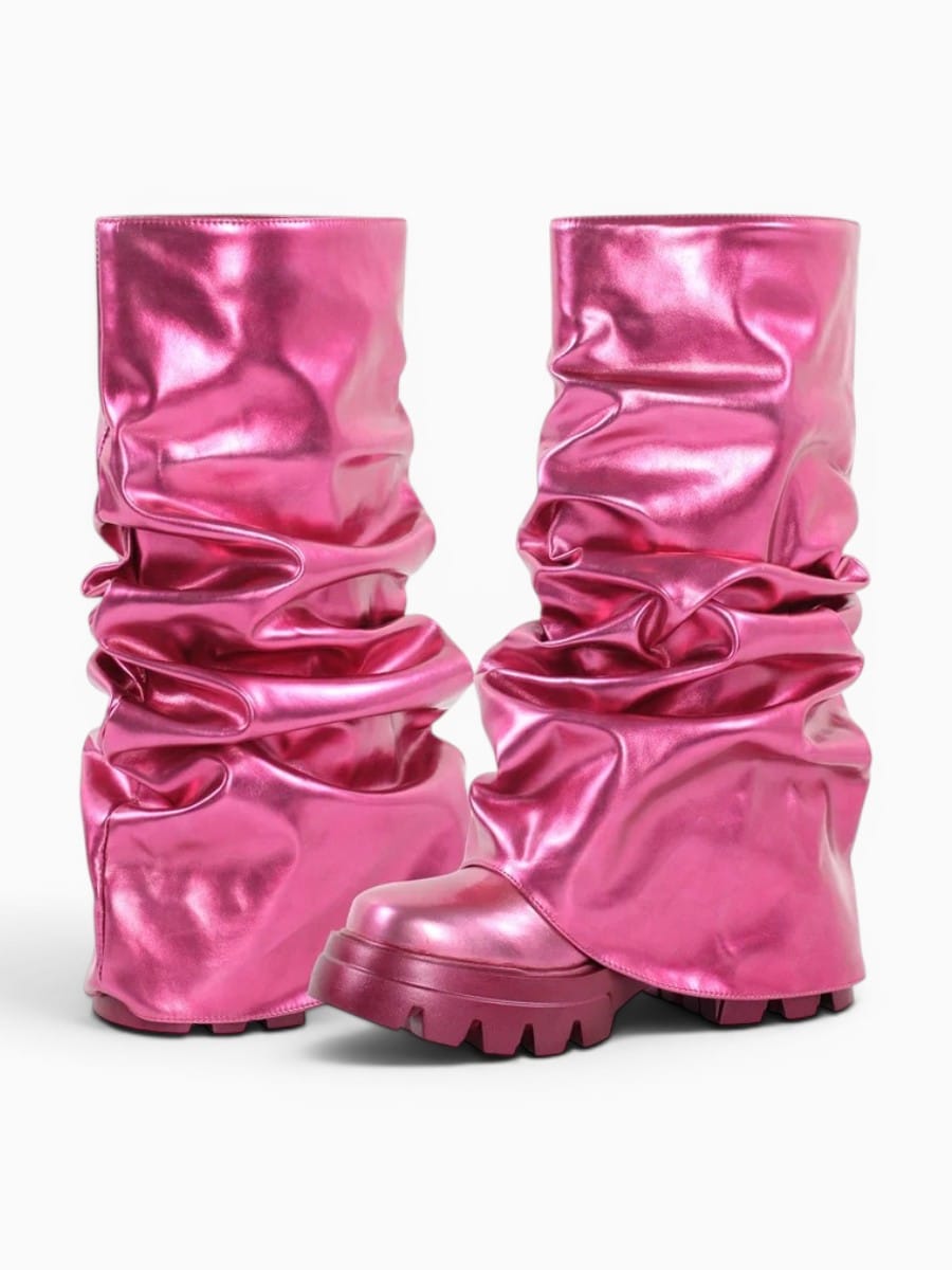 Amara Shoes Platform Pleated Fold Over Mid Calf Boots