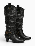 Amara Shoes Pleated Knee High Boot Round Toe Belt Buckle Fold