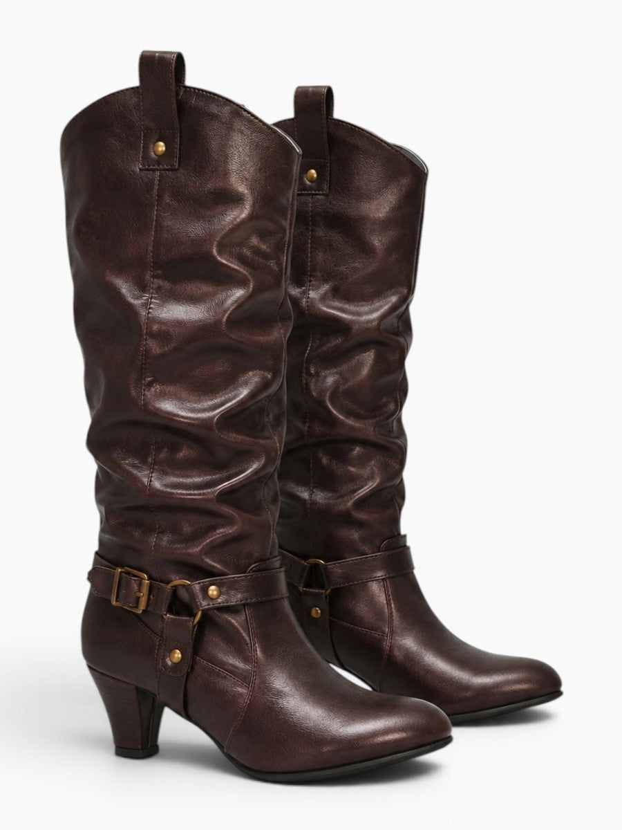 Amara Shoes Pleated Knee High Boot Round Toe Belt Buckle Fold