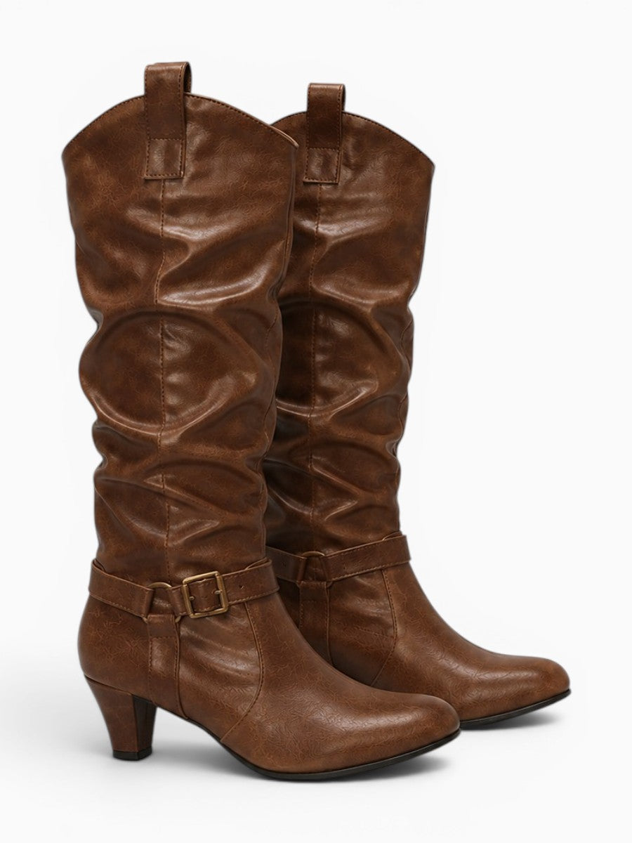 Amara Shoes Pleated Knee High Boot Round Toe Belt Buckle Fold