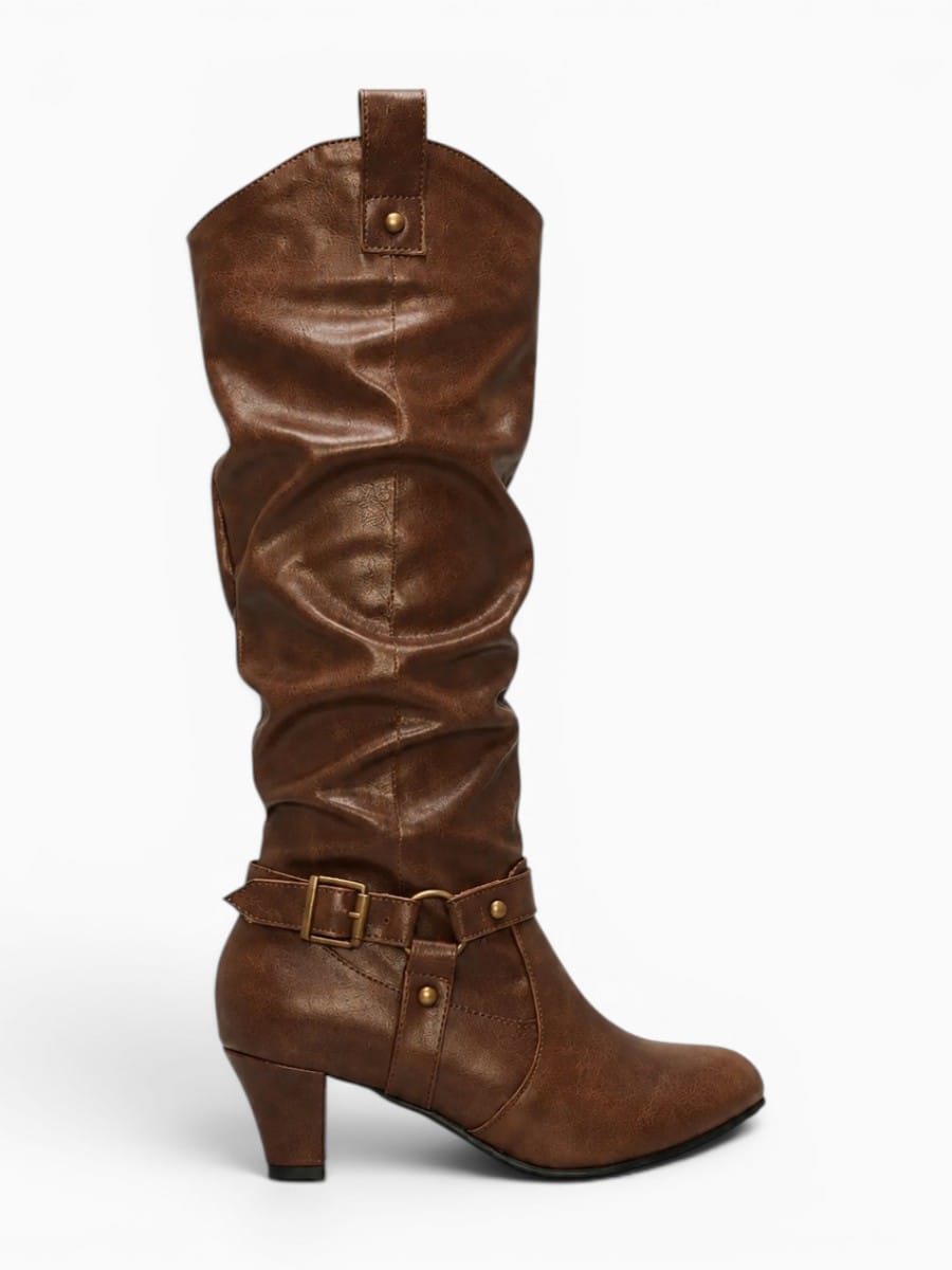 Amara Shoes Pleated Knee High Boot Round Toe Belt Buckle Fold