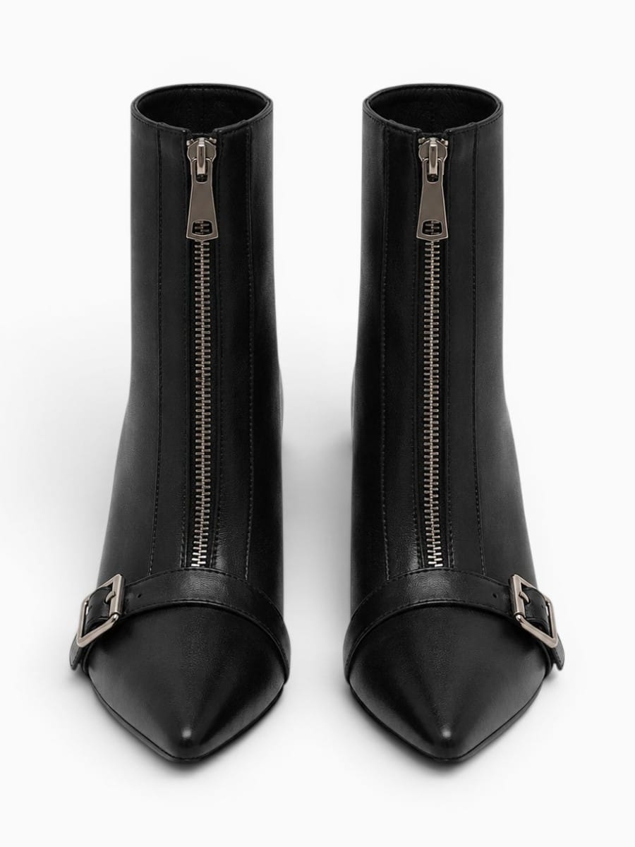 Amara Shoes Pointed Toe Belt Buckle Ankle Boot Thin Zip