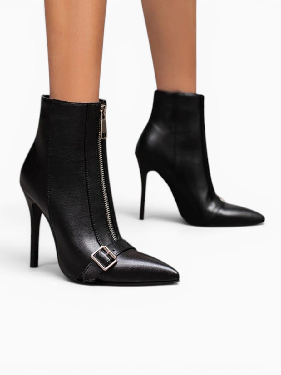 Amara Shoes Pointed Toe Belt Buckle Ankle Boot Thin Zip