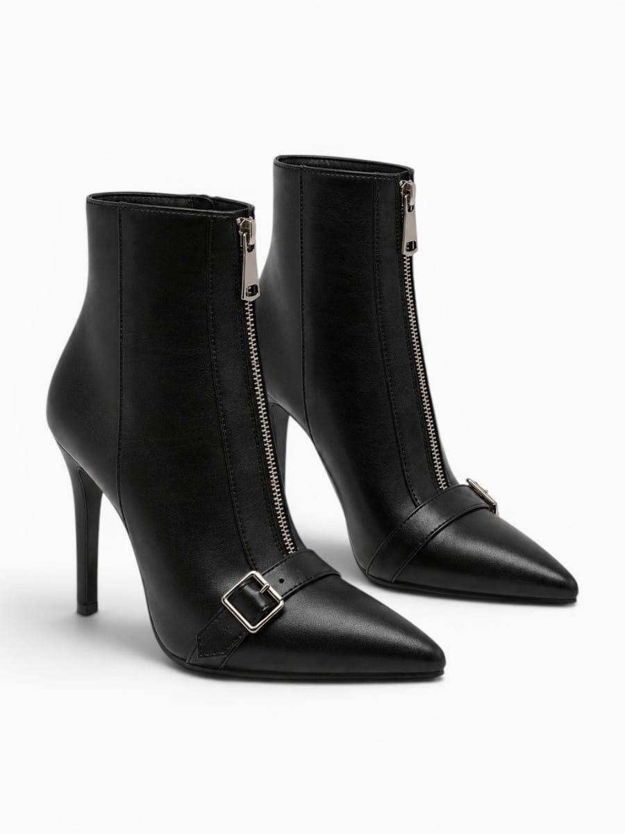 Amara Shoes Pointed Toe Belt Buckle Ankle Boot Thin Zip