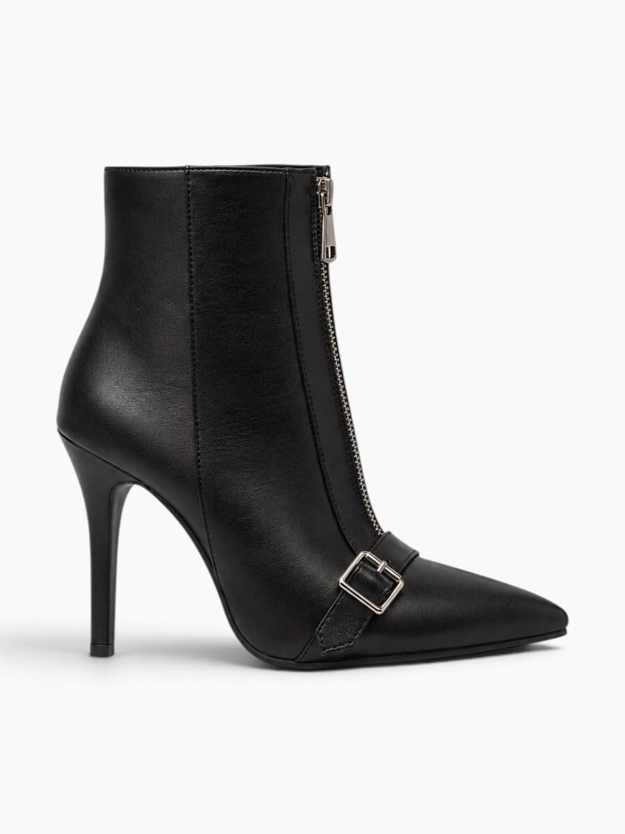 Amara Shoes Pointed Toe Belt Buckle Ankle Boot Thin Zip