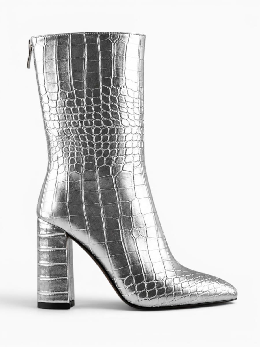 Amara Shoes Pointed Toe Croc Pattern Heeled Ankle Boots