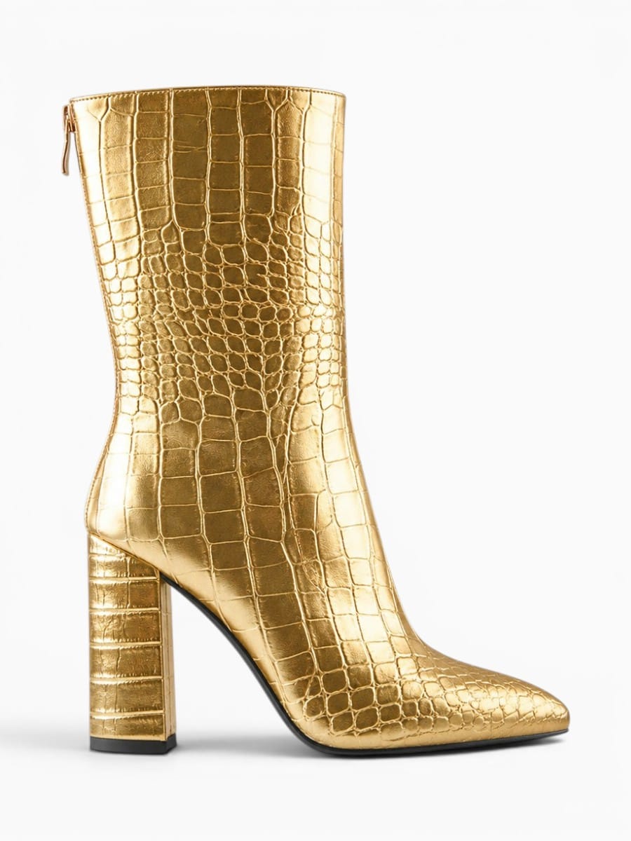 Amara Shoes Pointed Toe Croc Pattern Heeled Ankle Boots
