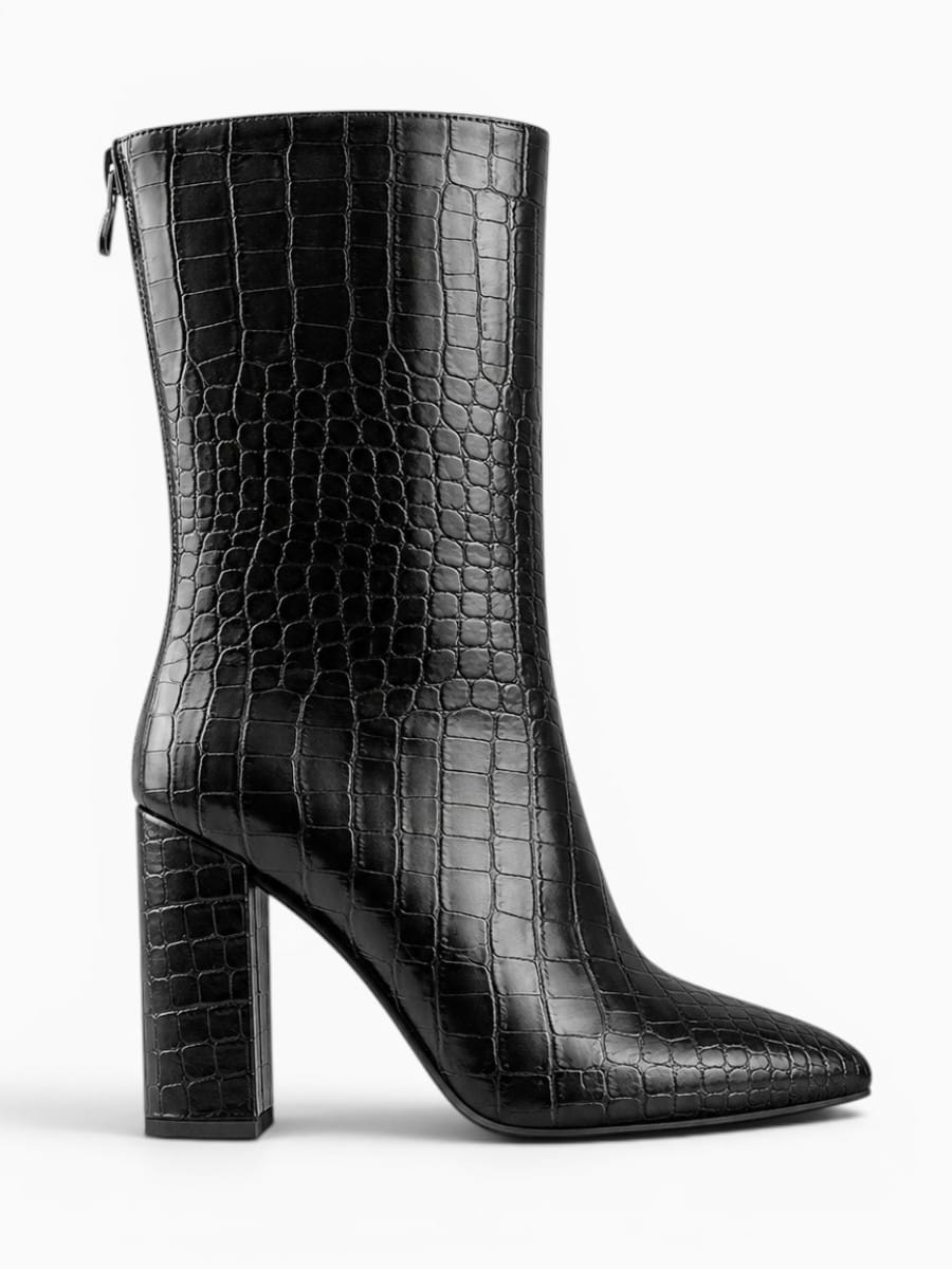 Amara Shoes Pointed Toe Croc Pattern Heeled Ankle Boots