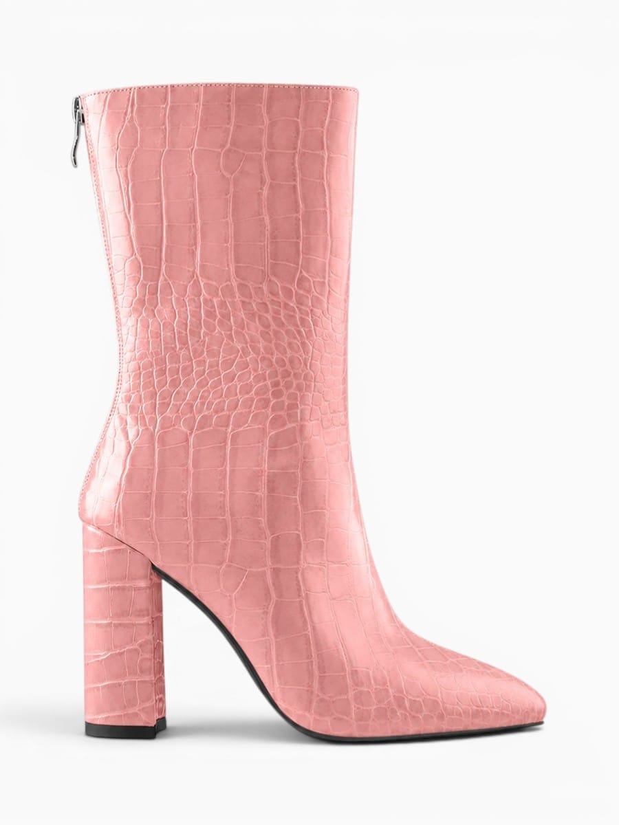Amara Shoes Pointed Toe Croc Pattern Heeled Ankle Boots