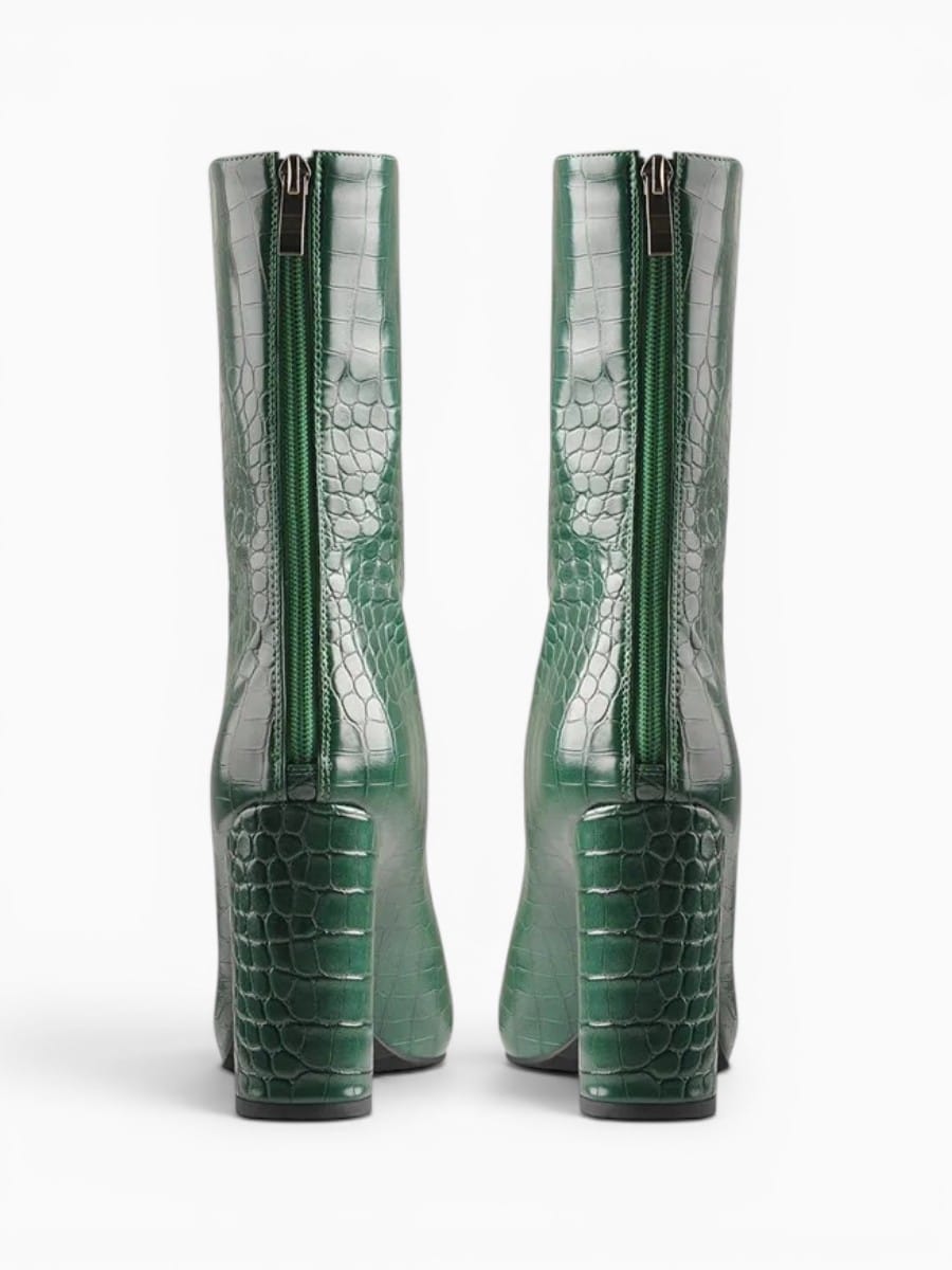 Amara Shoes Pointed Toe Croc Pattern Heeled Ankle Boots